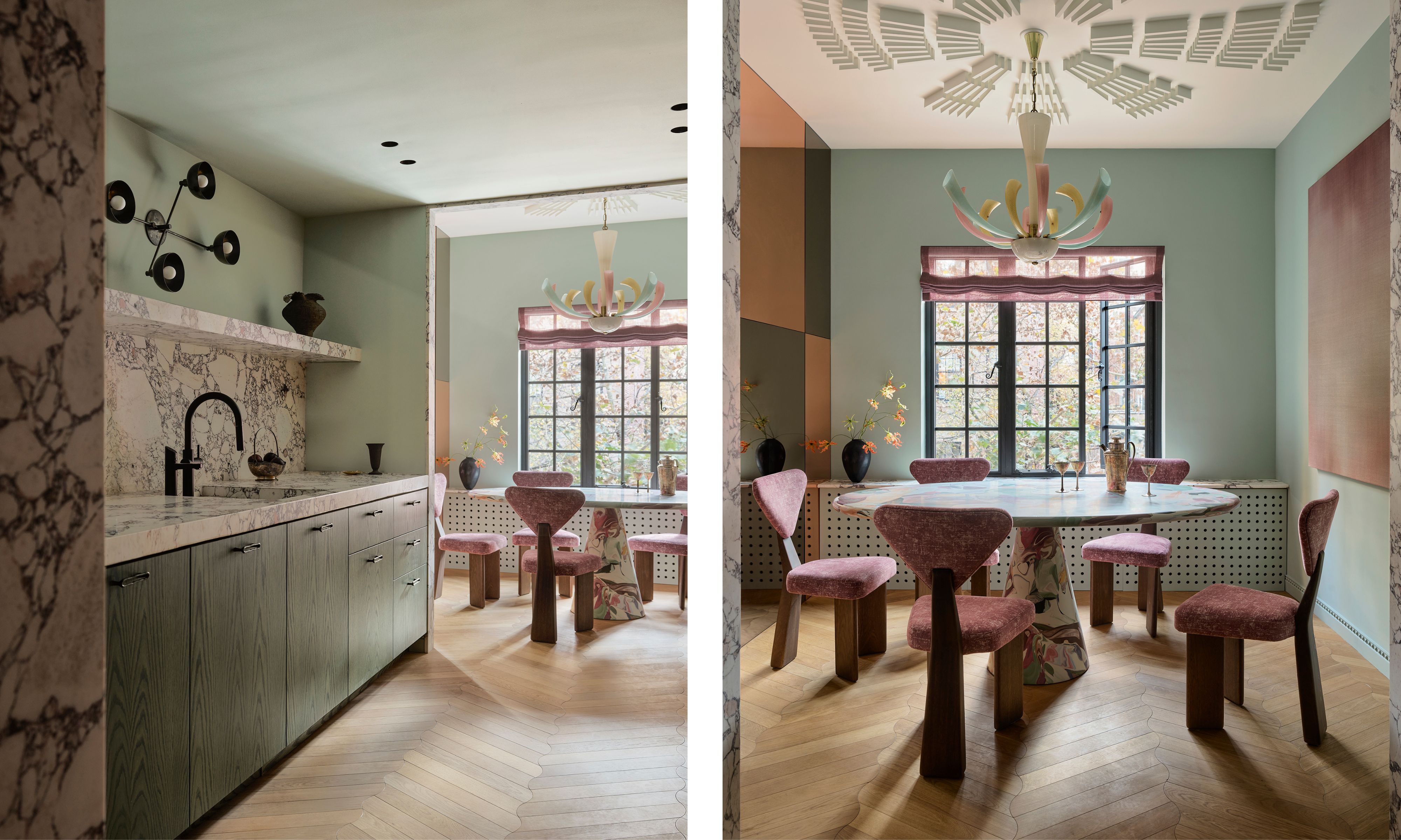 two images next to each other of a marble galley kitchen and a dining space at the end of it