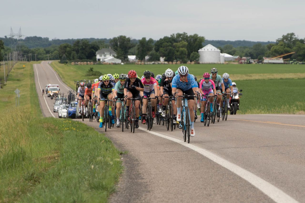 Rachel Wills (Chicago Women's Elite Cycling) leads the peleton up a small rise on the second Rural lap as they chased a break of four women.