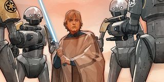 Luke Skywalker surrounded by Imperial droids
