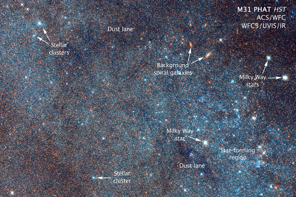An image by NASA/ESA Hubble Space Telescope displays a section of the Andromeda Galaxy (M31) with annotations. Image released Jan. 5, 2015.