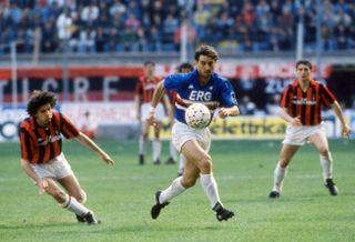 Filippo Galli of AC Milan (left) competes for the ball with Sampdoria's Roberto Maninci in 1993/94.