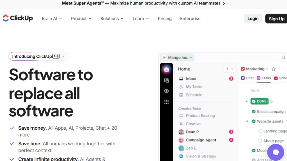 ClickUp website screenshot (February 2026).