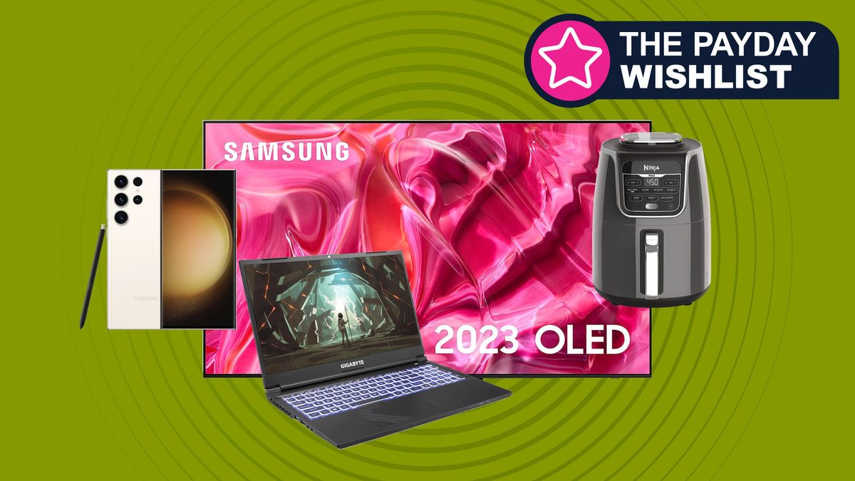 Samsung OLED TV, Gigabyte laptop, Ninja air fryer and Galaxy S23 Ultra on a green background