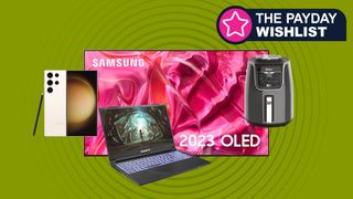 Samsung OLED TV, Gigabyte laptop, Ninja air fryer and Galaxy S23 Ultra on a green background