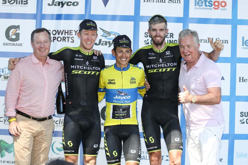 The final podium of Meyer, Chaves and Howson at the 2018 Herald Sun Tour