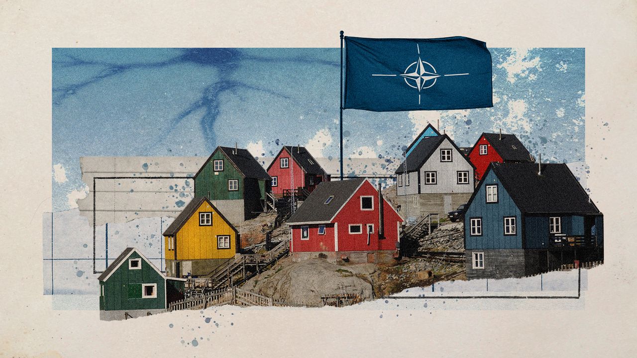 Photo collage of colourful houses in Greenland and the NATO flag