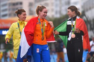 Anna van der Breggen (Netherlands) and Elisa Longo Borghini (Italy) draped in their national flags