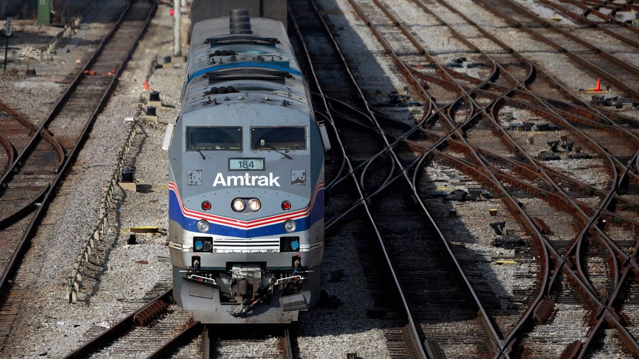 An Amtrak train leaves Chicago&#039;s Union Station on March 2, 2022.