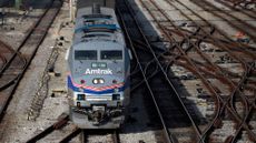 An Amtrak train leaves Chicago's Union Station on March 2, 2022.