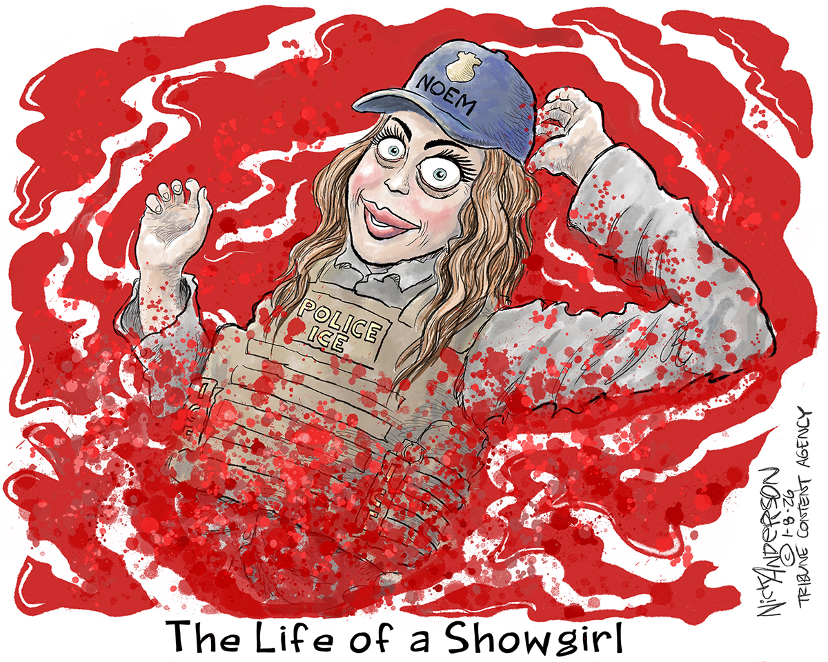 This image is titled &amp;ldquo;The Life of a Showgirl.&amp;rdquo; It depicts a smiling Kristi Noem in a pool of blood. She wears an ICE vest.