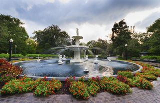 Water sprays from the Forsyth Park Fountain in Savannah