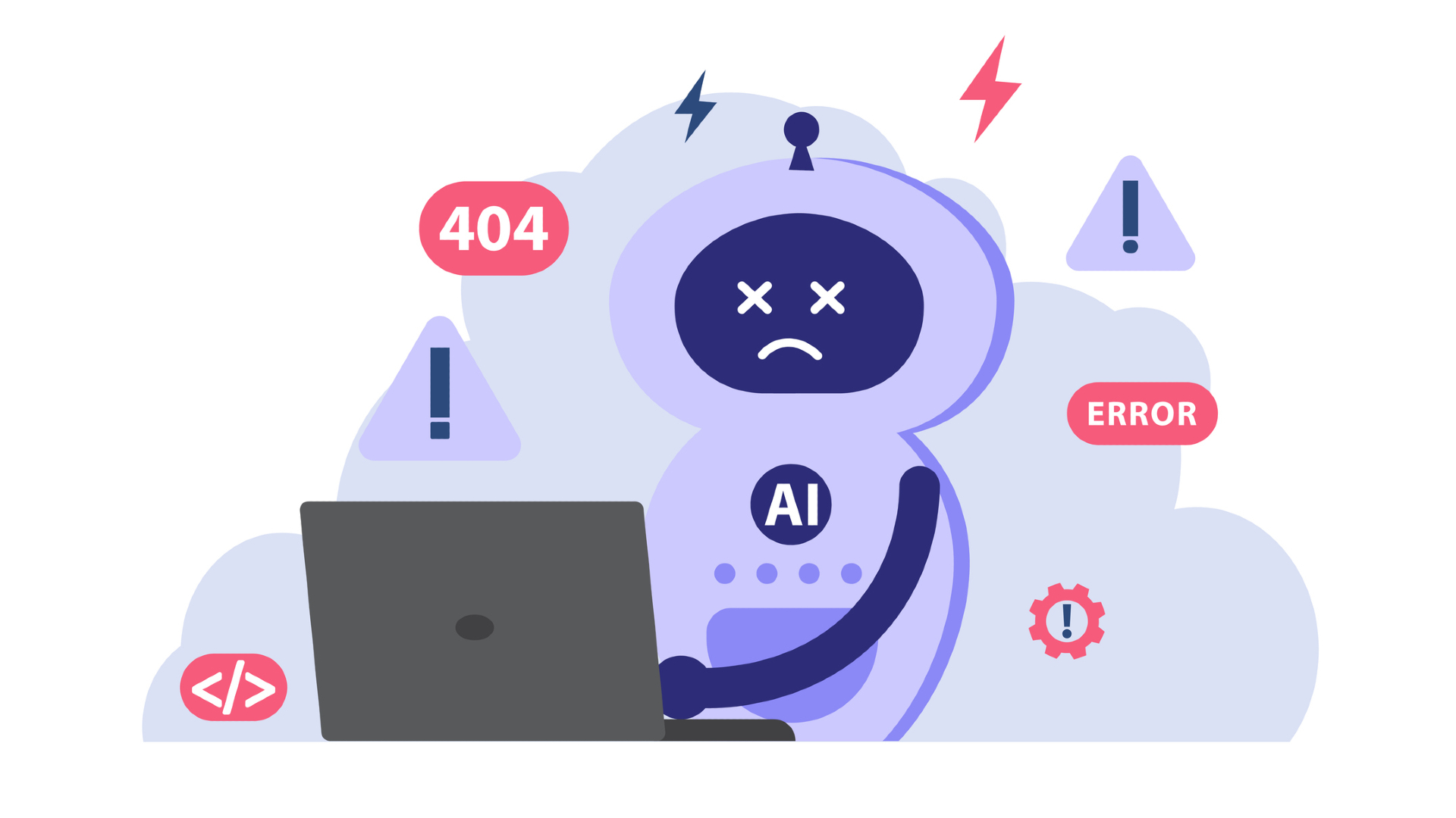 A cartoon of a robot with the word "AI' on its chest sits behind a laptop with various error codes floating around it.