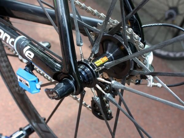 Threaded spoke ends allow the rear wheel to be trued.