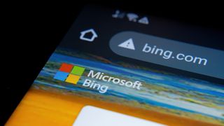 Closeup of Bing search on a mobile device.