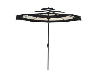 A navy blue and white striped market patio umbrella