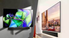Best LG TVs: The LG C3 OLED vs the LG G3 OLED hanging on a wall.