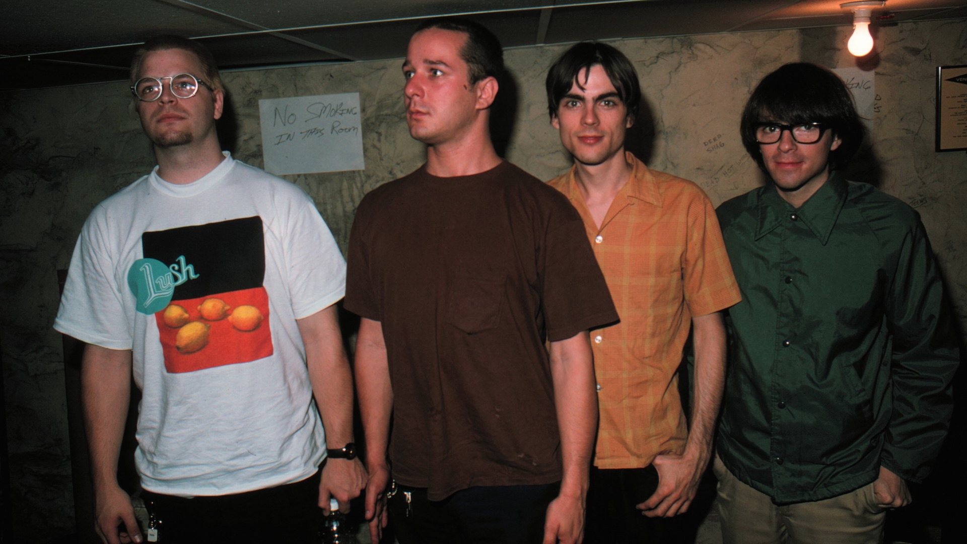 Weezer pose for a portrait backstage in the basement of the 400 Bar in Minneapolis Minnesota in September 1994.