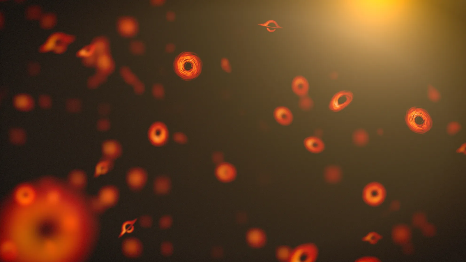 Lots of small black holes with bright orange disks around them floating around, looking kind of like blood cells.