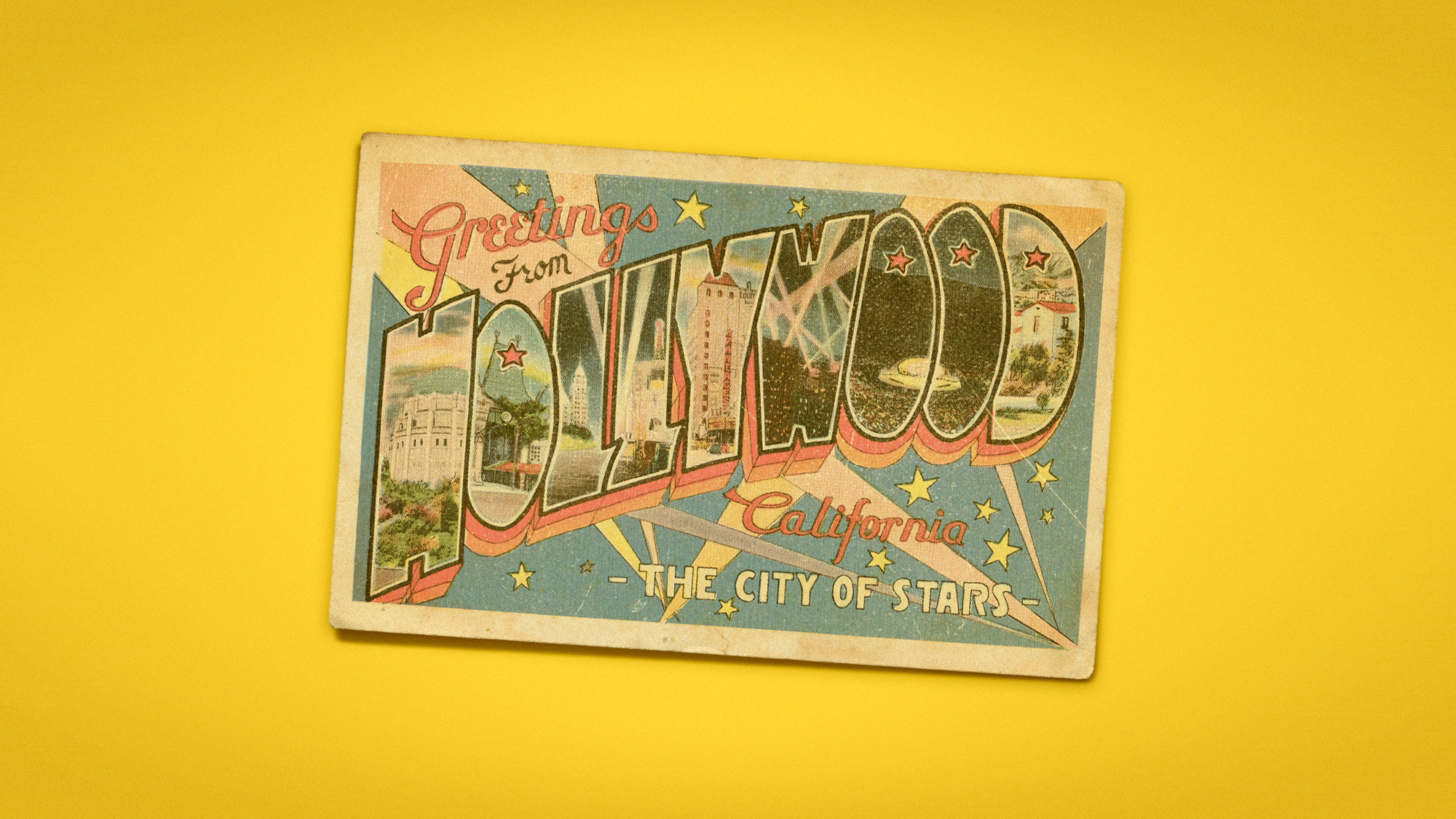 Photo illustration of a faded, vintage Hollywood postcard