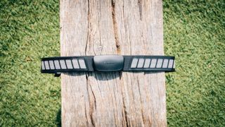 A black Garmin HRM Dual heart rate monitor wrapped around a wooden bench, with the focus on the main part of the strap