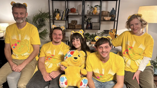 The cast of outnumbered wearing Pudsey bear ears for BBC Children in Need 2024