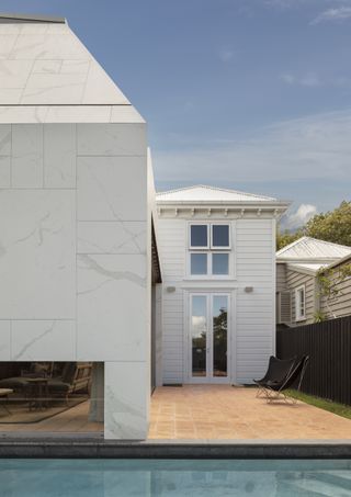 Exterior showing old and new at Franklin Road house renovation in New Zealand