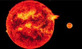 A size comparison between the size of Pollux and a main sequence star the size of our sun.