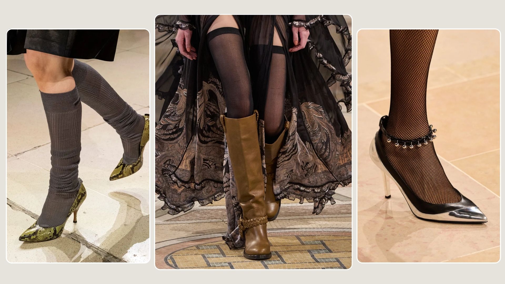 A collage of shoe trends, including Zimmermann, Gucci, Toteme, Miu Miu, Sportmax.