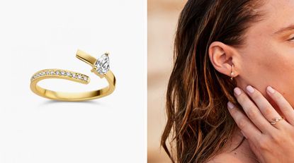 Gold ring with a pear shaped diamond on pictured next to a woman wearing it