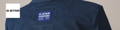 G-star logo top left with a close up shot of a jacket with a tag on the back