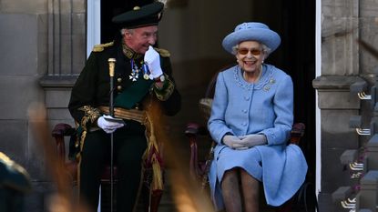 Queen Elizabeth II attend the Royal Company of Archers Reddendo Parade in the gardens of the Palace of Holyroodhouse on June 30, 2022 in Edinburgh, United Kingdom. Members of the Royal Family are spending a Royal Week in Scotland, carrying out a number of engagements between Monday June 27 and Friday July 01, 2022