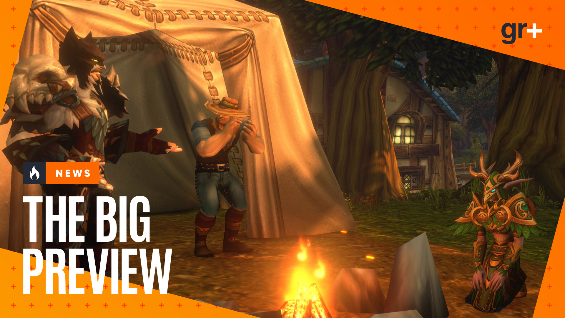 Alliance players speak around a woodland campfire in World of Warcraft: Forever, with the GamesRadar+ Big Preview frame