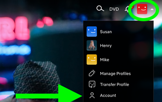 the Profile icon on the Netflix home page is circled in green, and the Account button in the menu has an arrow pointing to it, the next steps in how to change your netflix password