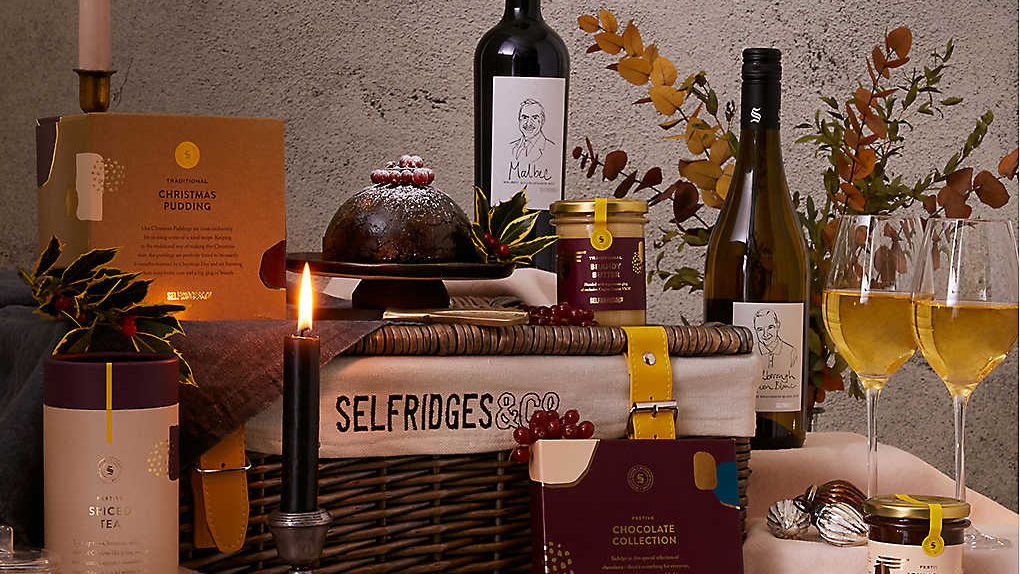 Food gift basket: Selfridges Christmas hamper on display