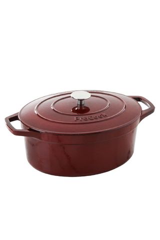 a ProCook cast iron casserole pot in dark red