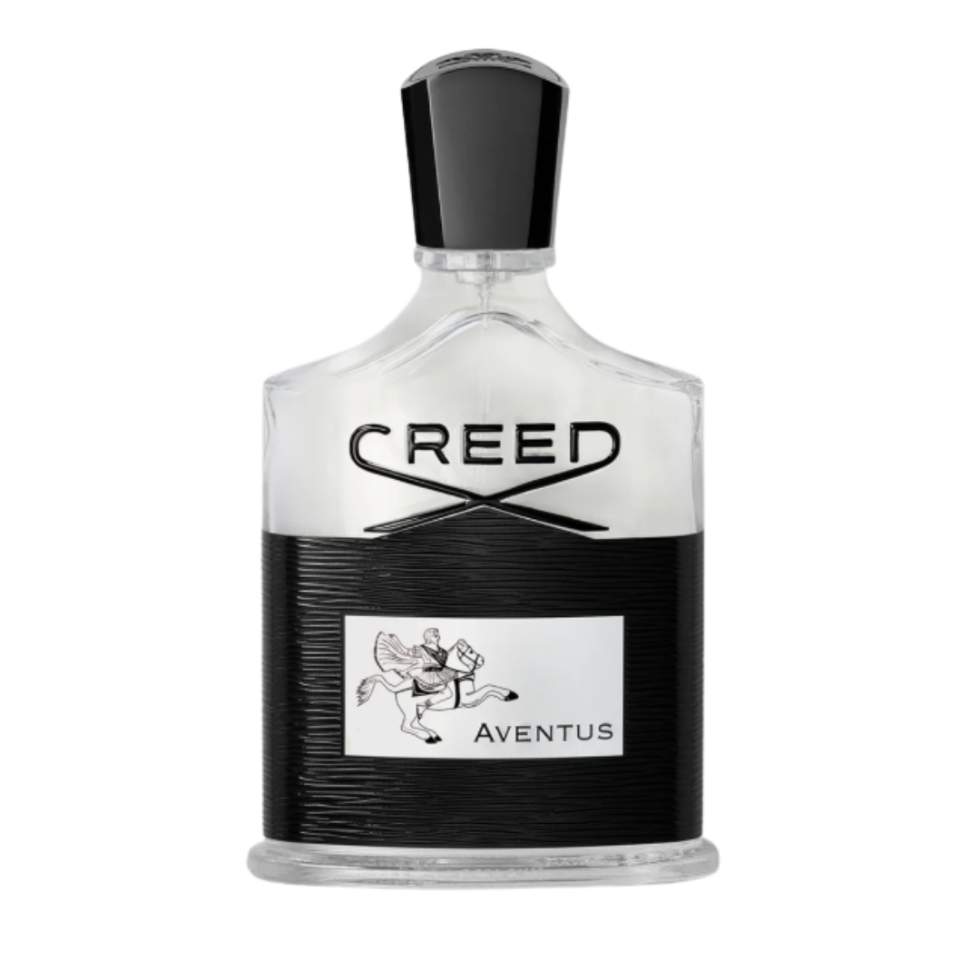 A product shot of the Creed Aventus fragrance, on a white background