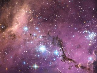 A star-forming region of the Large Magellanic Cloud. The tug of the Milky Way's gravity causes gas clouds in the nearby dwarf galaxy to collapse into new stars, which light up the galaxies.