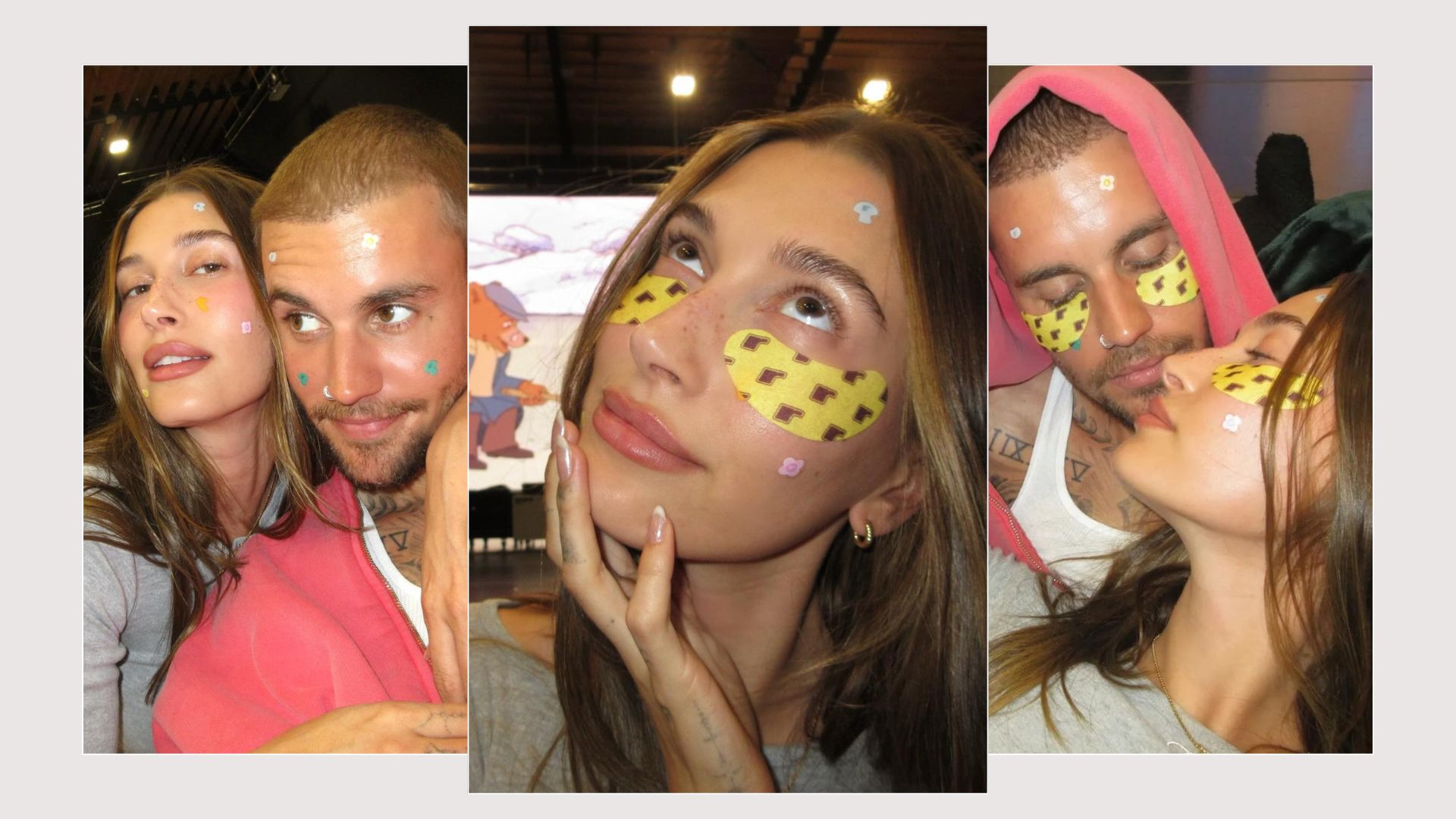A collage of Hailey Bieber and Justin Bieber wearing the under eye masks and spot stickers from the Rhode x The Biebers collection