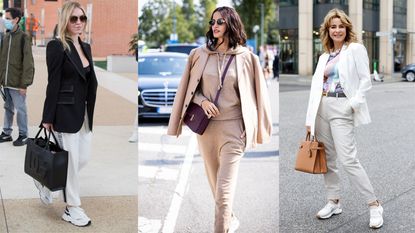 three women showing how to style joggers for work