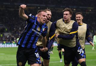 Davide Frattesi celebrates his winner for Inter against Barcelona in extra time in the teams' Champions League semi-final second leg in Milan in May 2025.