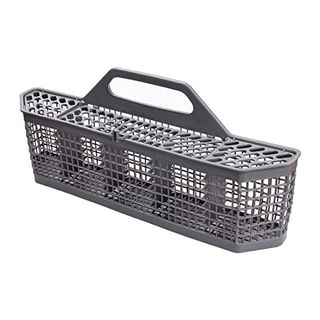 A grey plastic mesh dishwasher basket with handle