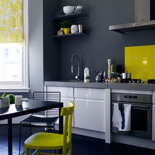 kitchen room with dark grey wall and yellow accents