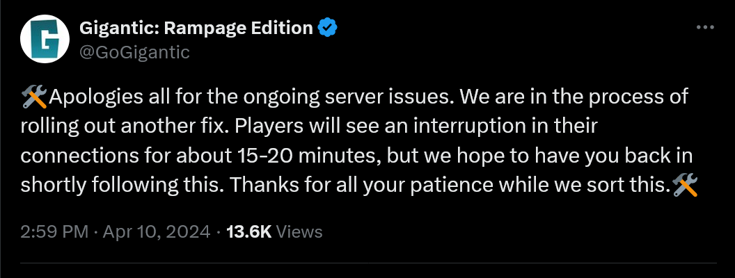 🛠️Apologies all for the ongoing server issues. We are in the process of rolling out another fix. Players will see an interruption in their connections for about 15-20 minutes, but we hope to have you back in shortly following this. Thanks for all your patience while we sort this.🛠️
