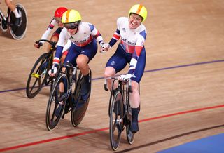 IZU JAPAN AUGUST 06 LR Laura Kenny and Katie Archibald of Team Great Britain celebrate winning a gold medal during the Womens Madison final of the track cycling on day fourteen of the Tokyo 2020 Olympic Games at Izu Velodrome on August 06 2021 in Izu Japan Photo by Justin SetterfieldGetty Images