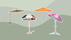 Patio umbrellas on a green wavy background with one beige umbrella with lights, a colorful umbrella, an orange scalloped edge one and a pink one with drink holders