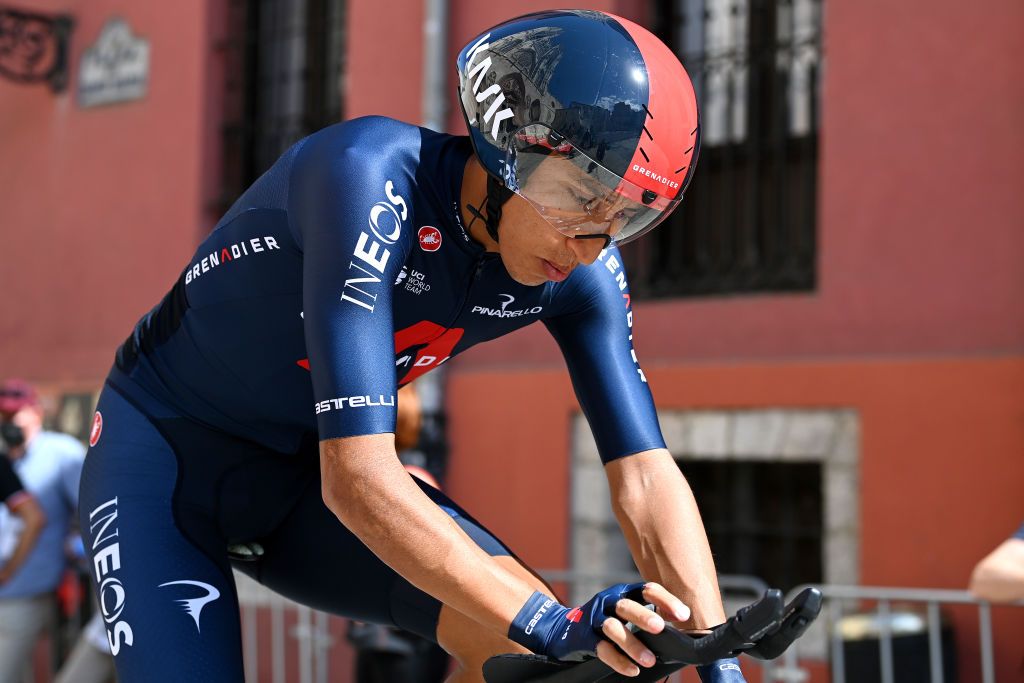 BURGOS SPAIN AUGUST 14 Egan Arley Bernal Gomez of Colombia and Team INEOS Grenadiers prepares for the race prior to the 76th Tour of Spain 2021 Stage 1 a 71km individual time trial from Burgos Catedral de Santa Mara to Burgos lavuelta LaVuelta21 CapitalMundialdelCiclismo catedral2021 on August 14 2021 in Burgos Spain Photo by Stuart FranklinGetty Images