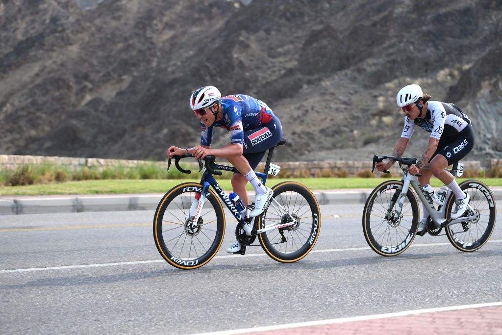 YITTI HILLS OMAN FEBRUARY 09 LR Louis Vervaeke of Belgium and Team Soudal QuickStep and Xabier Mikel Azparren of Spain and Team Q365 Pro Cycling compete in the breakaway during the 14th Tour of Oman Stage 2 a 2029km stage from Al Rustaq Fort to Yitti Hills 146m on February 09 2025 in Yitti Hills Oman Photo by Alex BroadwayGetty Images