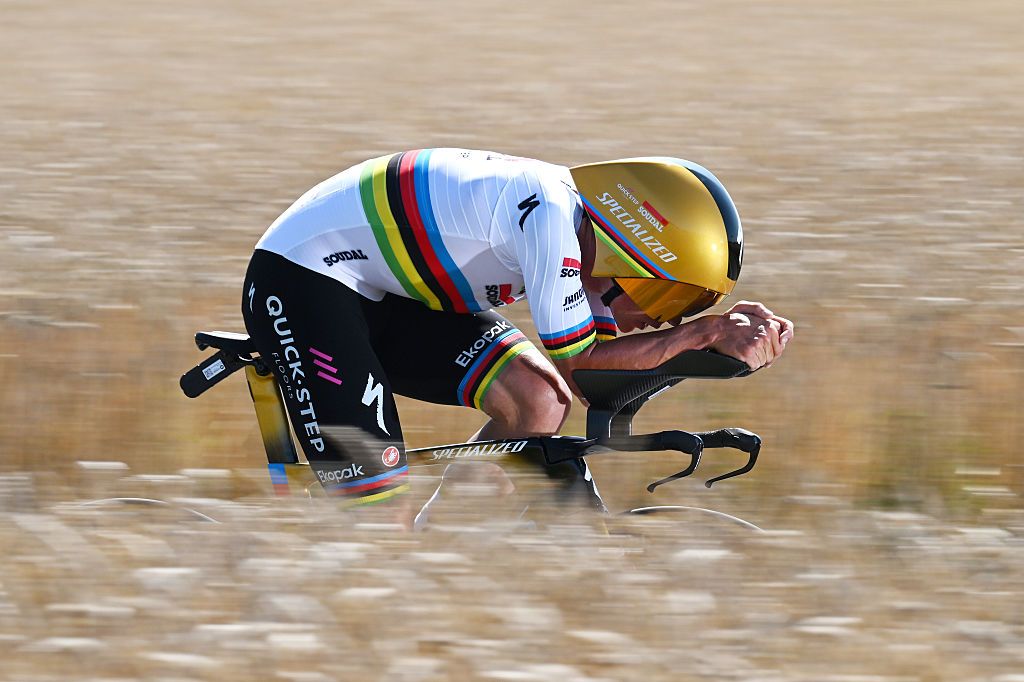 CAEN, FRANCE - JULY 09: Stage winner Remco Evenepoel of Belgium and Team Soudal Quick-Step competes during the 112th Tour de France, Stage 5 a 33km individual time trial stage from Caen to Caen / #UCIWT / on July 09, 2025 in Caen, France. (Photo by Tim de Waele/Getty Images)