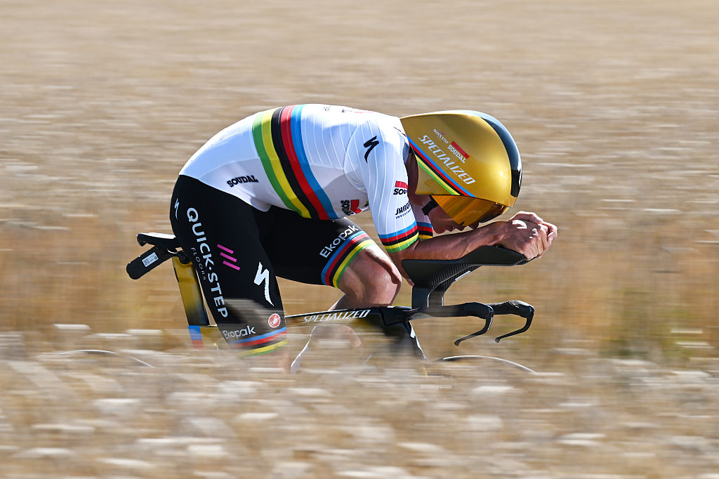 CAEN, FRANCE - JULY 09: Stage winner Remco Evenepoel of Belgium and Team Soudal Quick-Step competes during the 112th Tour de France, Stage 5 a 33km individual time trial stage from Caen to Caen / #UCIWT / on July 09, 2025 in Caen, France. (Photo by Tim de Waele/Getty Images)