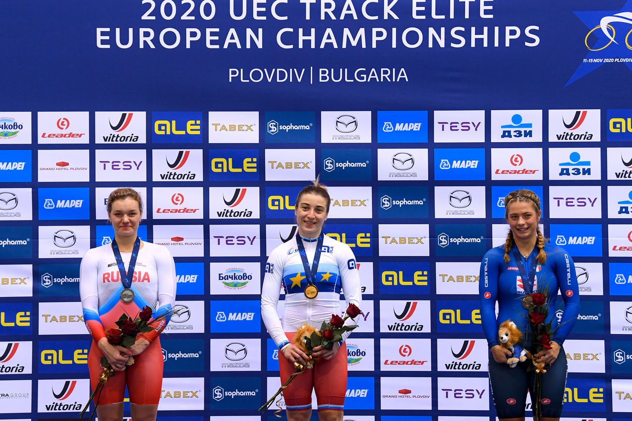 2020 UEC Track European Championships Plovdiv 5th Day 15112020 Women 500m Daria Shmeleva Russian Federation Anastasia Voinova Russian Federation Miriam Vece Italy photo Dario BelingheriBettiniPhoto2020